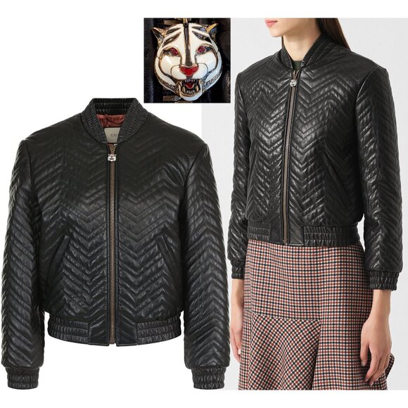 Gucci Jackets & Blazers - GUCCI JACKET QUILTED BLACK LEATHER BOMBER TIGER CHARM PULL sz IT 38 US 2